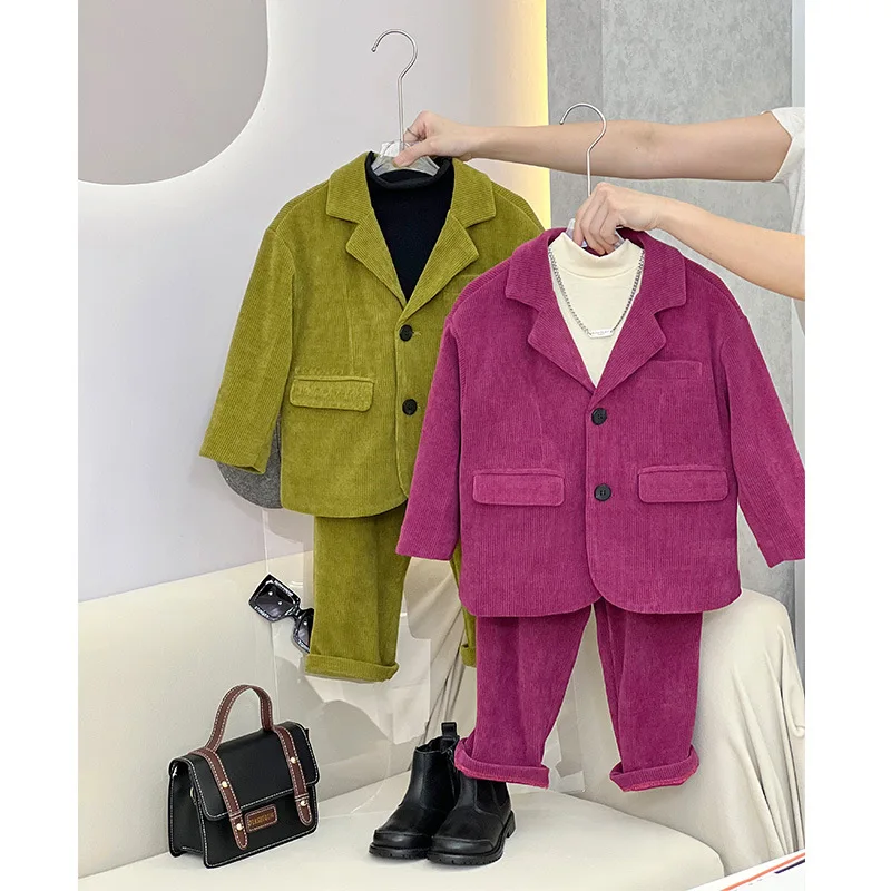 Children Clothing Boys Small Suit Set Spring 2024 New Western-style Korean Version Children Casual Suit Corduroy Set Trend