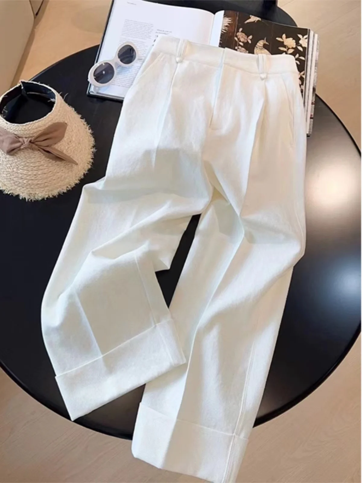 ハイウエスト ワイドレッグ スーツパンツ レディース 夏 小さいサイズ ゆったり 着痩せ ドレープ ストレート カジュアル ロングパンツ 多用途 ホワイト