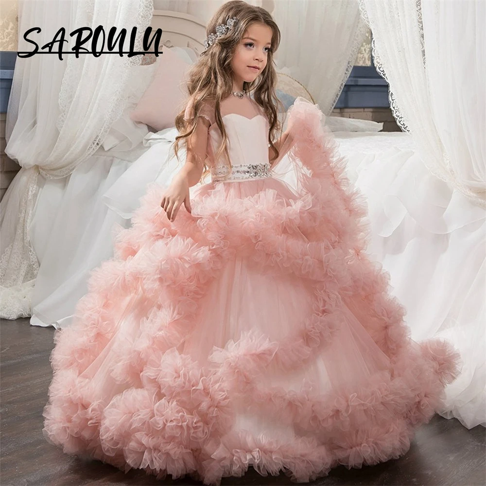 Fluffy Cute Ball Gown For Girls Short Sleeves Bow Tulle Children Formal Dresses Wedding Guest Gowns