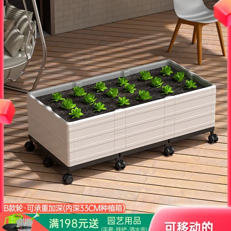 

Movable top floor vegetable planting artifact family balcony outdoor rectangular plastic flower pot with wheels