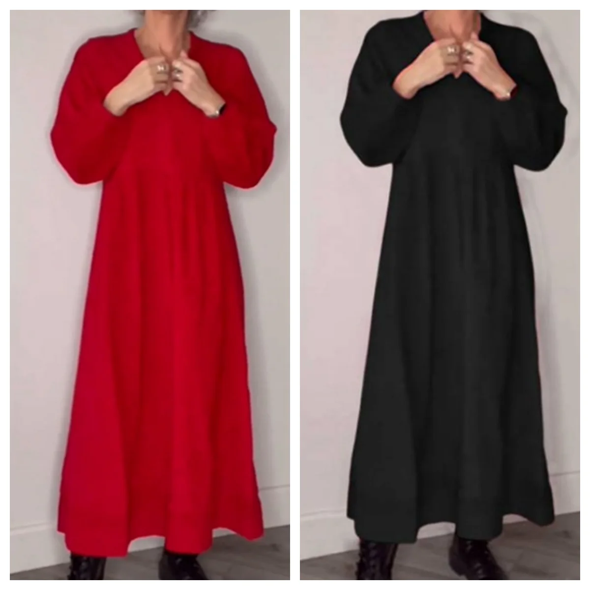 Robe Maxi en Coton et Lin pour Femme, Élégante, Décontractée, à Manches sulf, Col Ras du Cou, Tunique d'Été