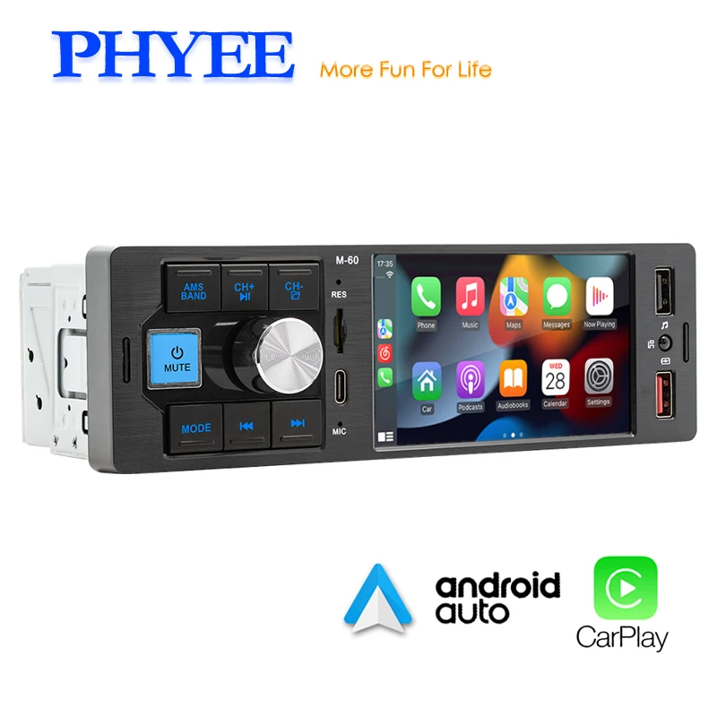 1 Din Car Radio CarPlay Android-Auto Bluetooth Hand Free Mirroring link 4 inches MP5 Player A2DP USB Audio System Head Unit M60