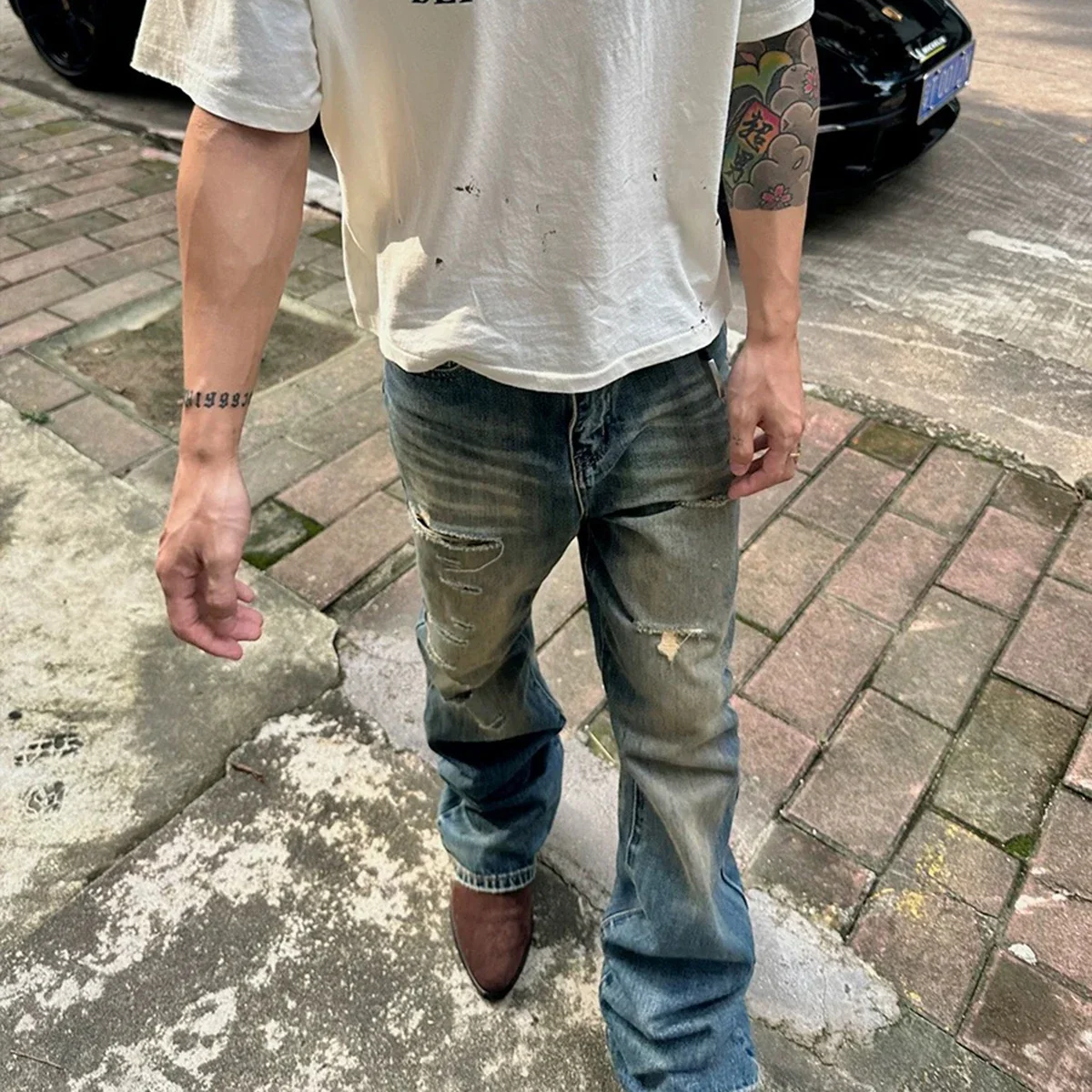 

Vintage Washed Dirty Yellow Mud Baggy Mens Jeans Pants Streetwear Straight Casual Loose Denim Trousers Oversized Unisex Cargos