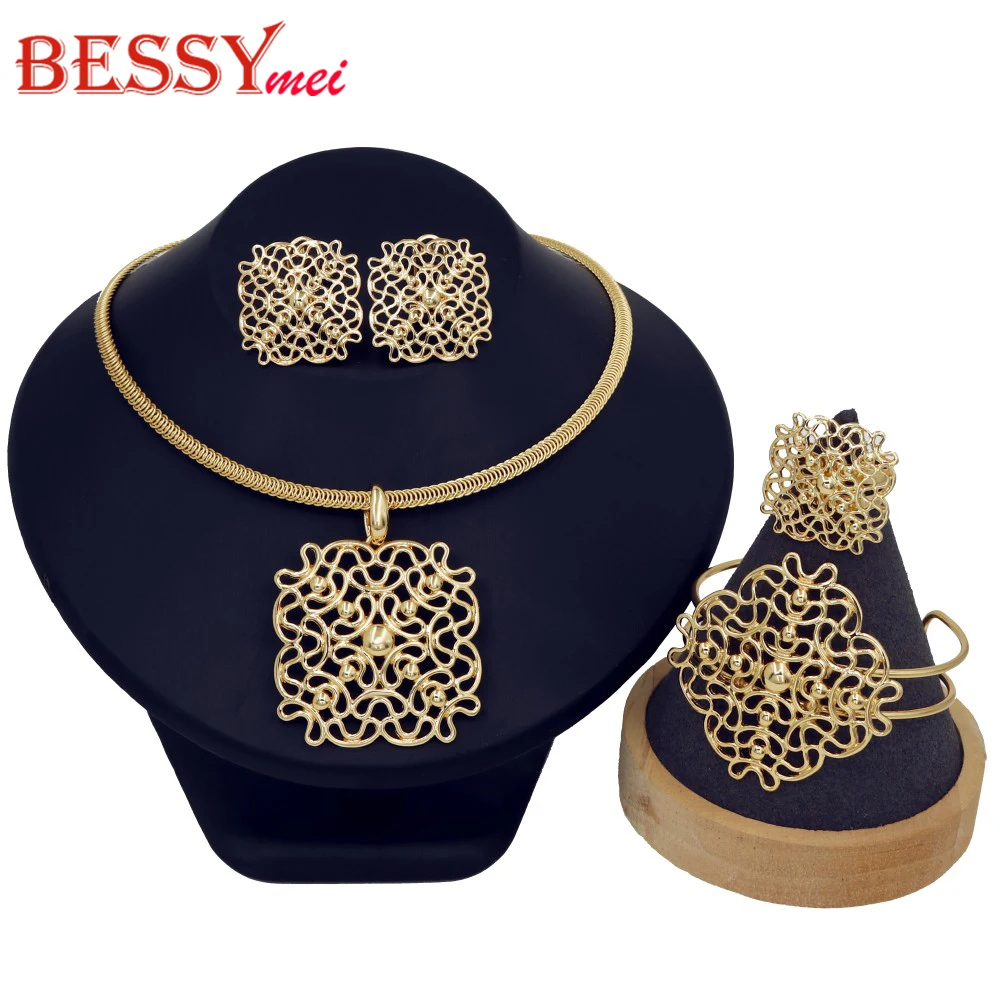 中空デザインの女性用ジュエリーセット、幾何学模様のスクエアペンダントジュエリー、ドバイ・アフリカ風18kゴールドカラー、パーティー用ジュエリーギフト、2025年新作