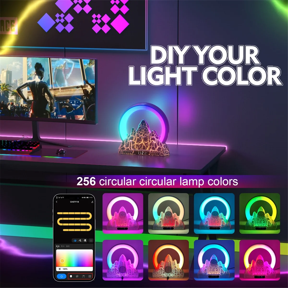 

AUU-Table Lamp LED Sunrise Ambient Light with Built-in BT Speaker Alarm Clock Wireless Charging Function Support Tuya App-B