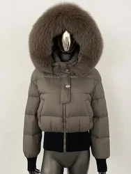 Luxurious Winter Jacket Women Natural Real Raccoon Fox Fur Collar Hooded White Duck Down Coat Thick Warm Casual Outerwear