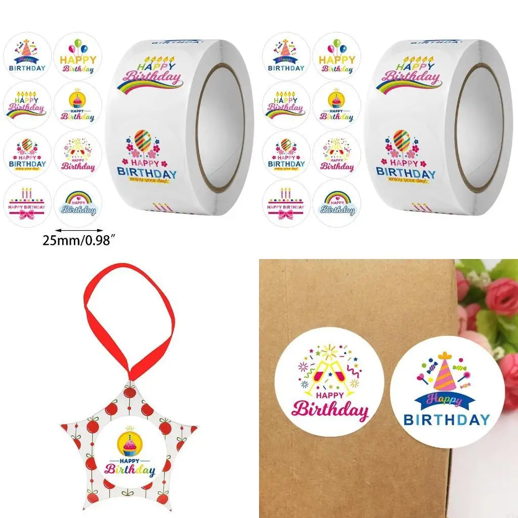 

97BA 500 Pieces/Roll Happy Birthday Stickers Round Adhesive Birthday Tag Label Stickers Invitations Envelope Sealing Stickers