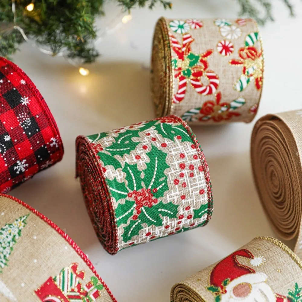 2M/Roll Linen Christmas Ribbon Tree Printed Xmas Gift Wrap Ribbon Gift Tape Snowflake Bouquet Ribbon Crafts Decorations