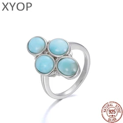 New Trend 925 Sterling Silver Natural Gemstones Larimar Ring for Women Geometry Design Classic Simple Female Jewelry Dating