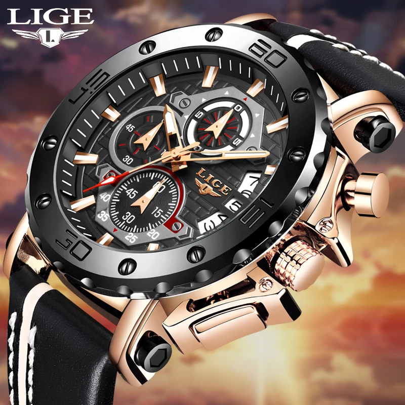 

LIGE 2023 New Business Learther Mens Watches Top Brand Luxury Quartz Watch For Men Waterproof Sport Big Dial Military Wristwatch