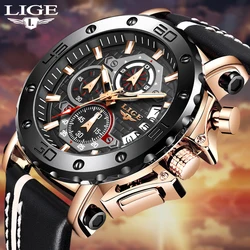 LIGE 2024 New Business Learther Mens Watches Top Brand Luxury Quartz Watch For Men Waterproof Sport Big Dial Military Wristwatch