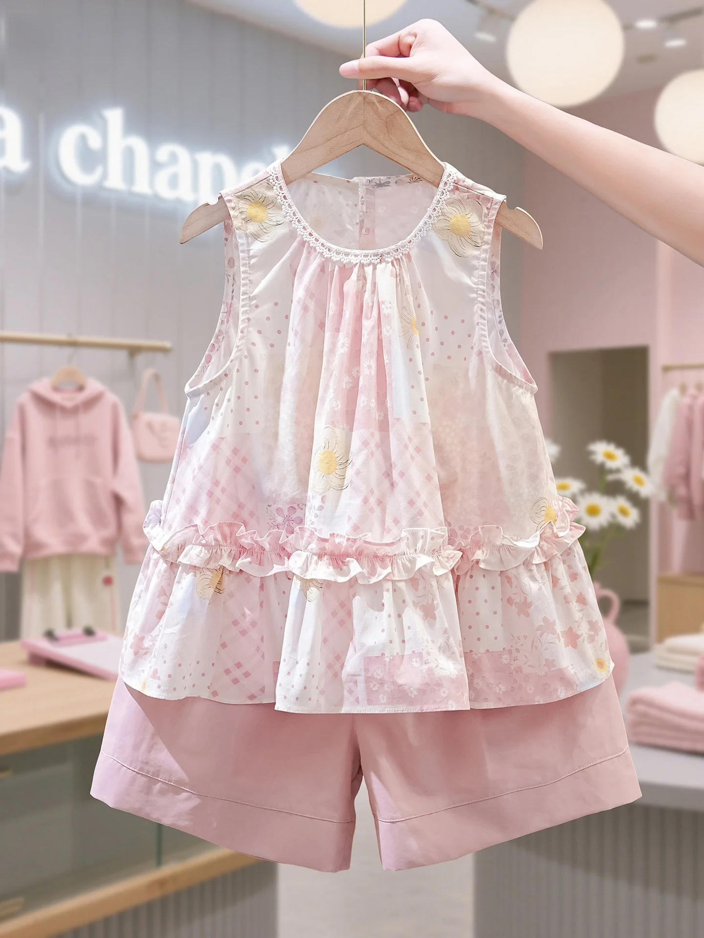 la-chapelle-children's-summer-outfit-girls'-two-piece-set-stylish-top-shorts-big-kids-casual-wear-comfortable-breathable