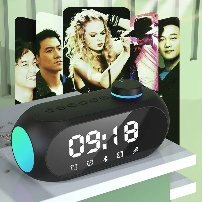 Altavoz pequeño con Bluetooth, luz nocturna, Subwoofer, Mini Reloj portátil, alarma para el hogar, altavoz de escritorio