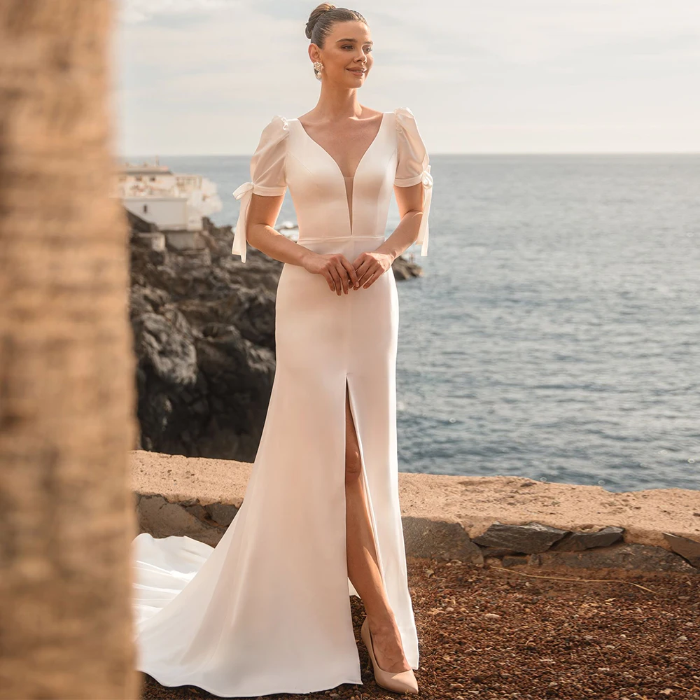 

Modest Women Jersey Front Slit Mermaid Wedding Dress Customized Court Train Deep V-Neck Short Sleeves with Bow Bridal Gowns