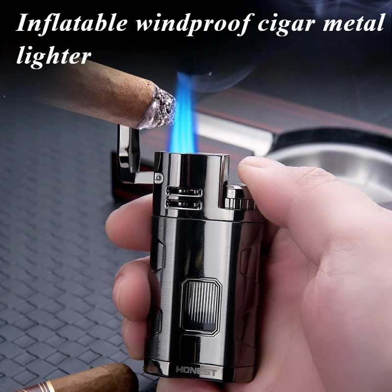 Inflatable Windproof Point Cigar-specific Metal Lighter with Three Direct Flames, High Power and Cigar Dril High-end Gifts