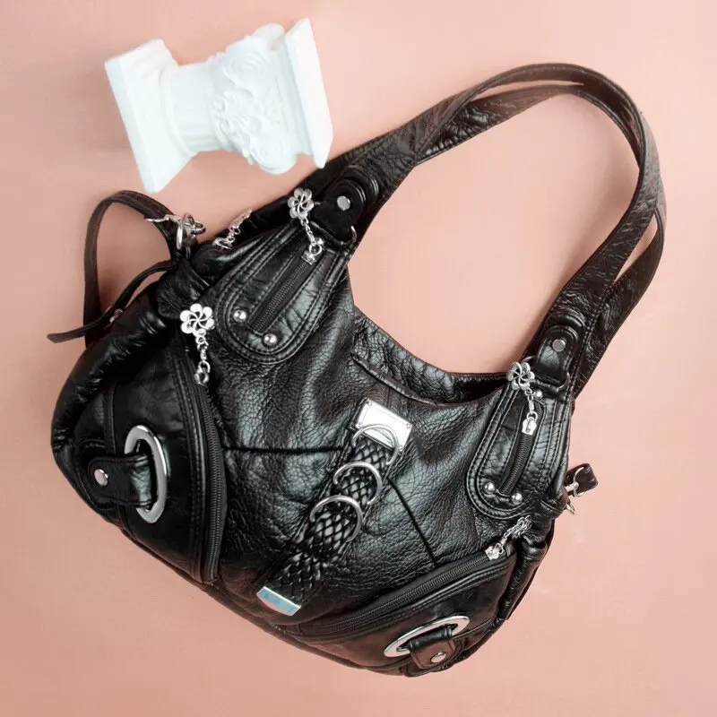

European American Retro Tote Bag High-end Trendy Woven Leather Buckle Handbag Large Capacity Casual Motorcycle Bag With Pendant