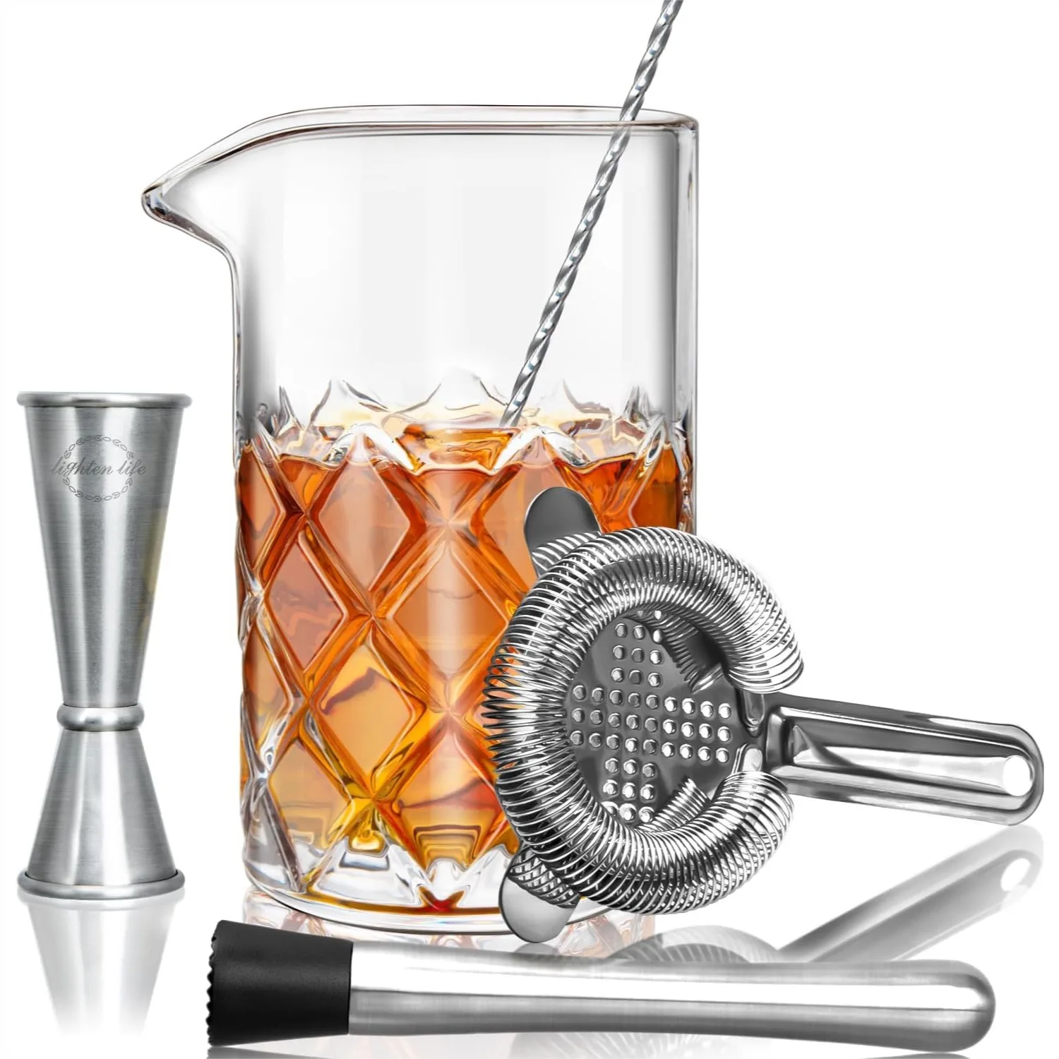 

Cocktail Mixing Glass Set with 20oz Crystal Thick Bottom Glass, Spoon, Jigger, Strainer and Muddle - 5 Pieces Bar Kit for