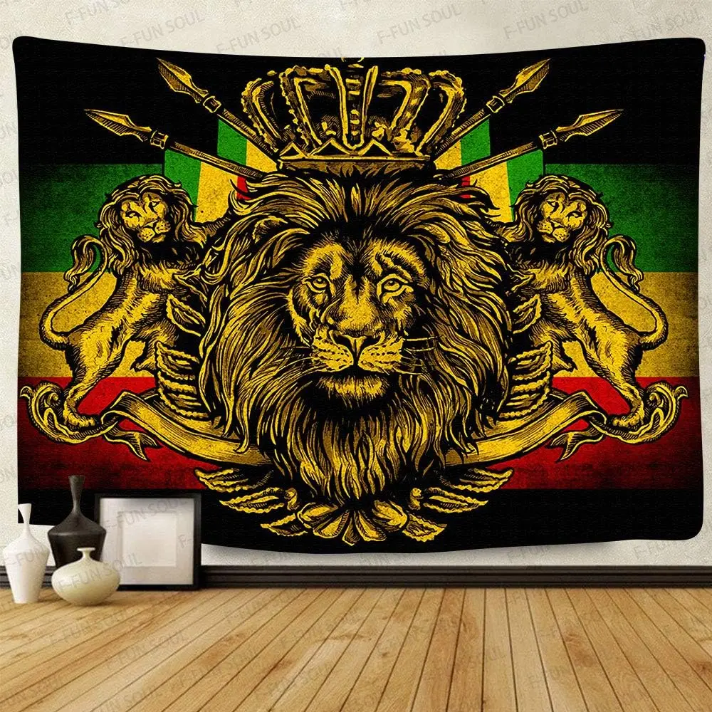 Vintage Royal Lion Crown Tapestry, Rasta Reggae African Flag Print Wall Art for Bedroom Living Room Dorm Apartment Decor
