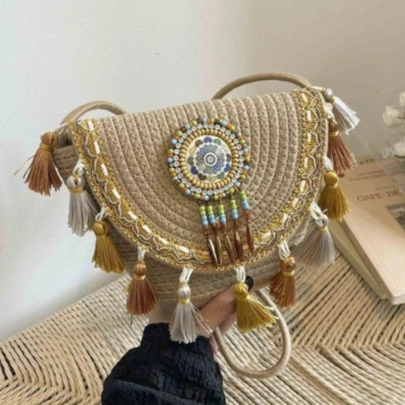 Purple Pink Khaki Tassels Boho Woven Saddle Ethnic Tassel Beaded Crossbody Shoulder Bag Summer Vacation Purse For Women Girls
