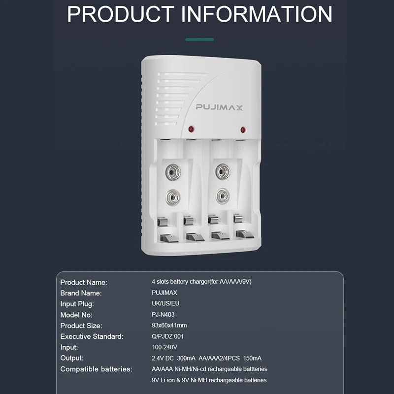 PUJIMAX-Chargeur de Batterie Universel avec Lumière LED, Prise UK US EU pour Batterie Rechargeable 9V et 1.2V AA/AAA
