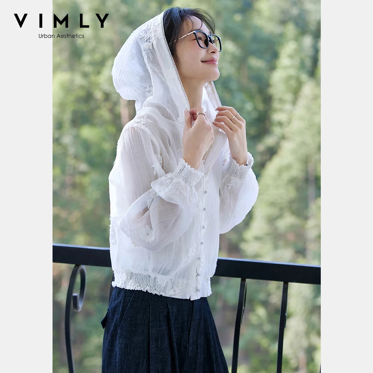 

Vimly Women's Hooded Coat 2025 Autumn Single Breasted Smocked Cuff Embroidered Design Outerwear Sweet Casual Female Top A0796