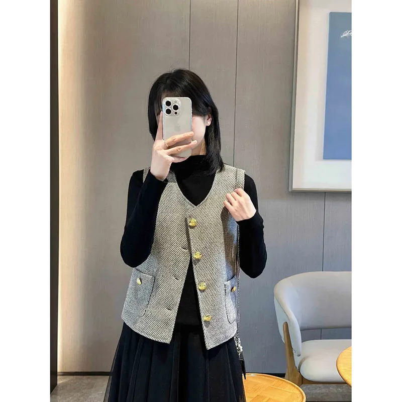 2025 봄 가을 새로운 여성의 작은 향기로운 양복 조끼 자켓 프랑스어 세련된 고급 여성 짧은 자켓 조끼 느슨한 아웃웨어