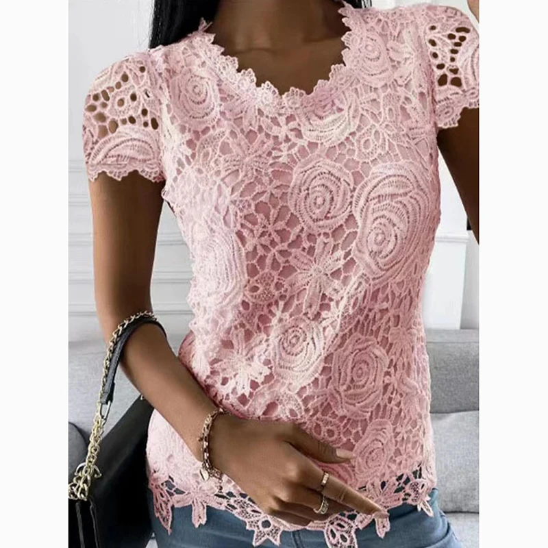 Fashion Elegant Embroidery Casual Shirt Woman Summer Tops Short Sleeve Hollow Lace White Blouse Ladies O Neck Women Shirt 24737