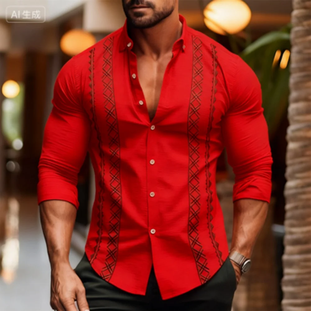 

Men's plus Size Solid Color Vertical Stripe Printed Shirt Street Fashion Business Casual Long Sleeve Lapel Breathable Clothing