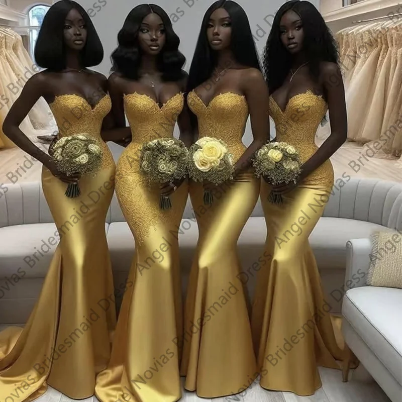 

Customized Long Mermaid Gold African Bridesmaid Dresses Strapless Evening Party Gowns vestidos de fiestas robes invitée mariage