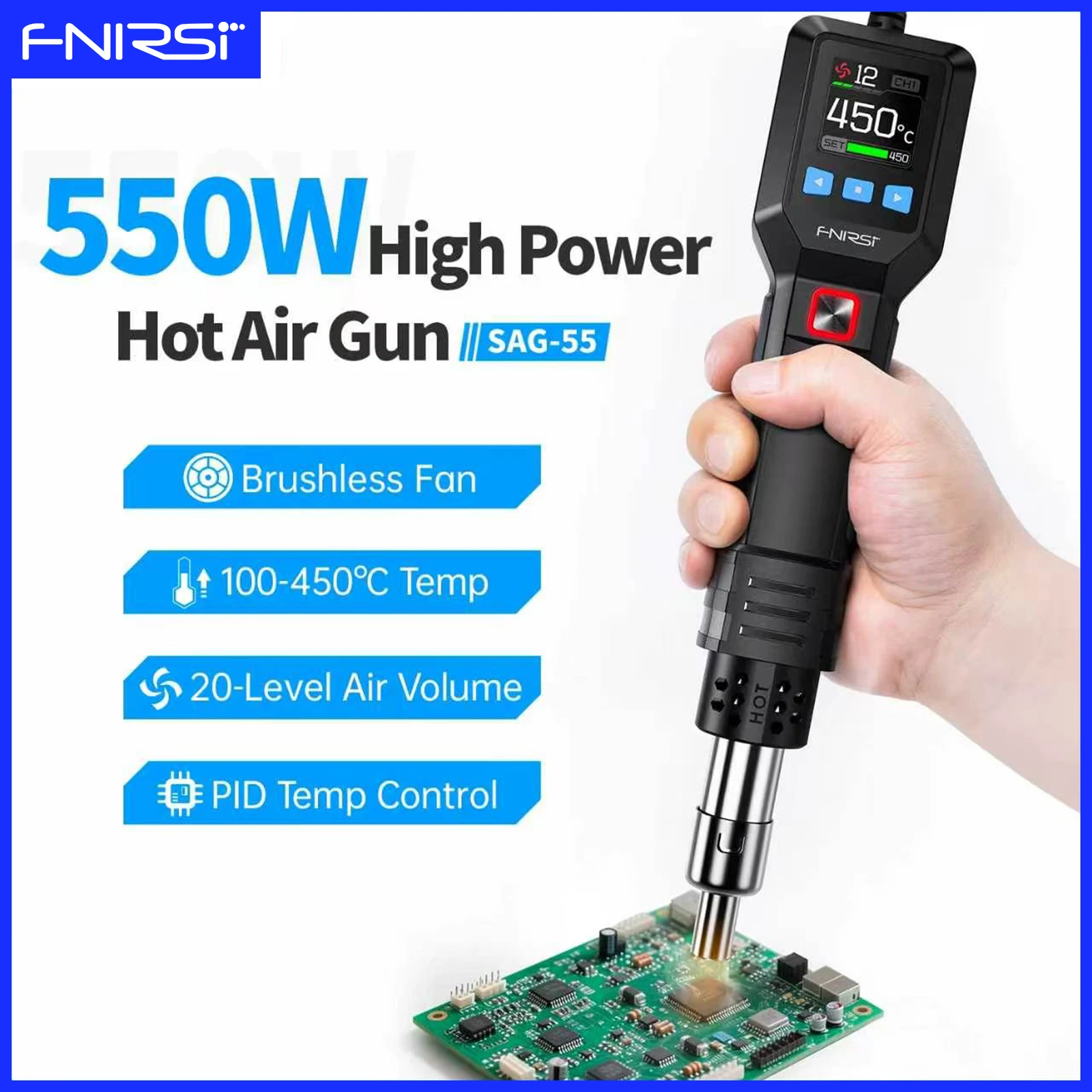 FNIRSI SAG-55 Micro Hot Air Gun 550W BGA Soldering Station LCD Digital Adjustable Temperature Hair Dryer For Welding Repair Tool