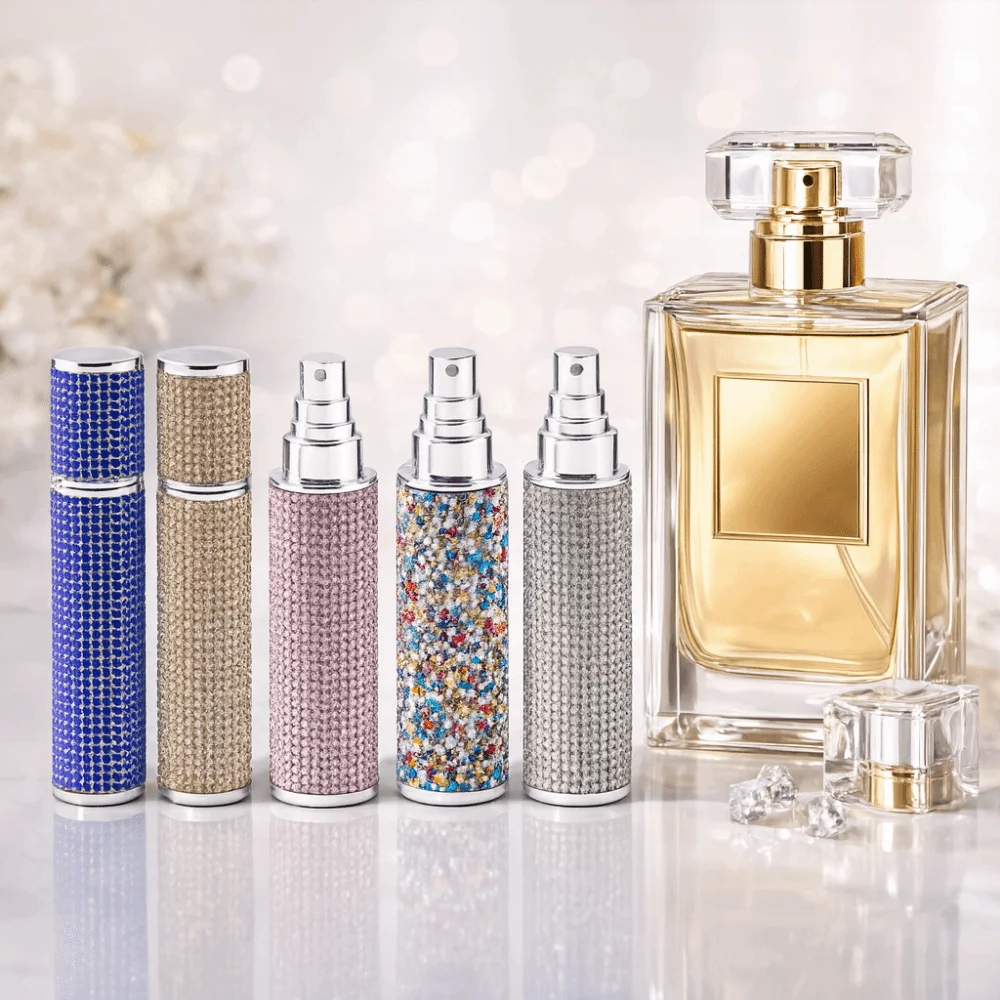 ขวดสเปรย์แบบเติมได้ ขนาด 10 มล. ประดับคริสตัลเต็มขวด ป้องกันการรั่วซึม พ่นละอองละเอียด สำหรับใส่เครื่องสำอาง พกพาสะดวก