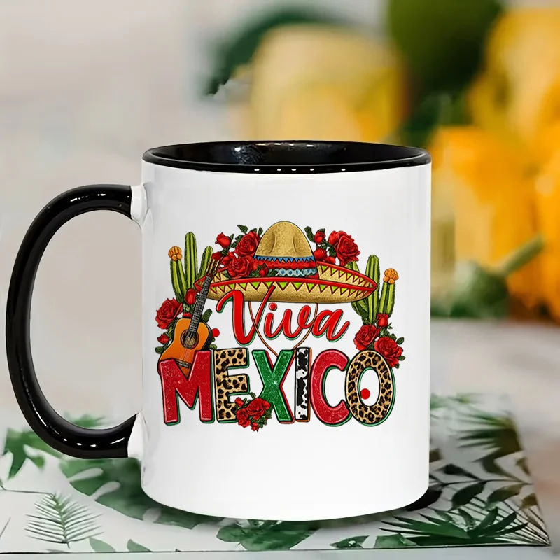 Viva Mexico Sombrero Guitar Cactus Rose Colorful Print Ceramic Coffee Mug 11oz 350ml Personalized Custom Cute Aesthetic Microwav