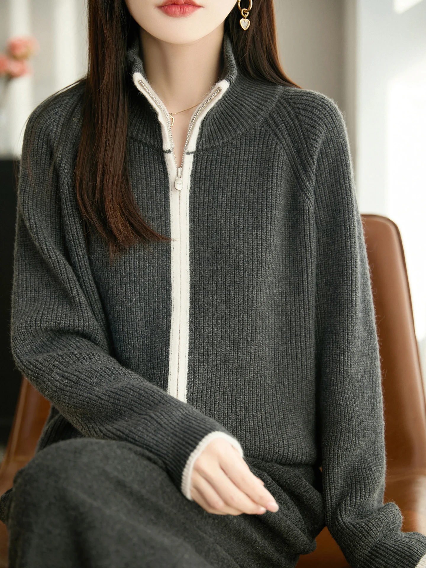 

Элитный утепленный вязаный кардиган с двойной молнией для женщин, осенне-зимняя новинка, теплый базовый слой