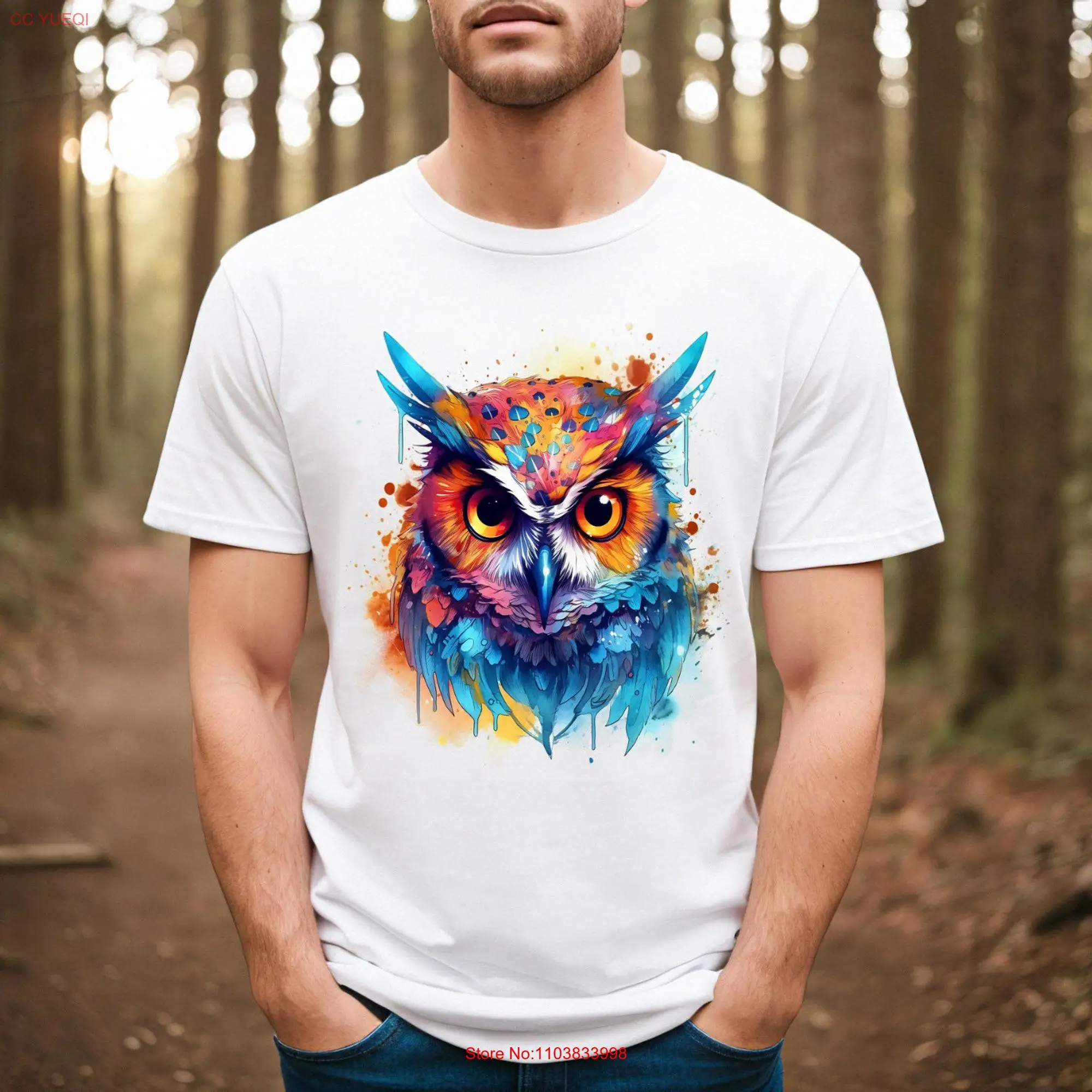 Camiseta de búho de acuarela, Top de manga larga o corta, amante de aves vibrantes, regalo