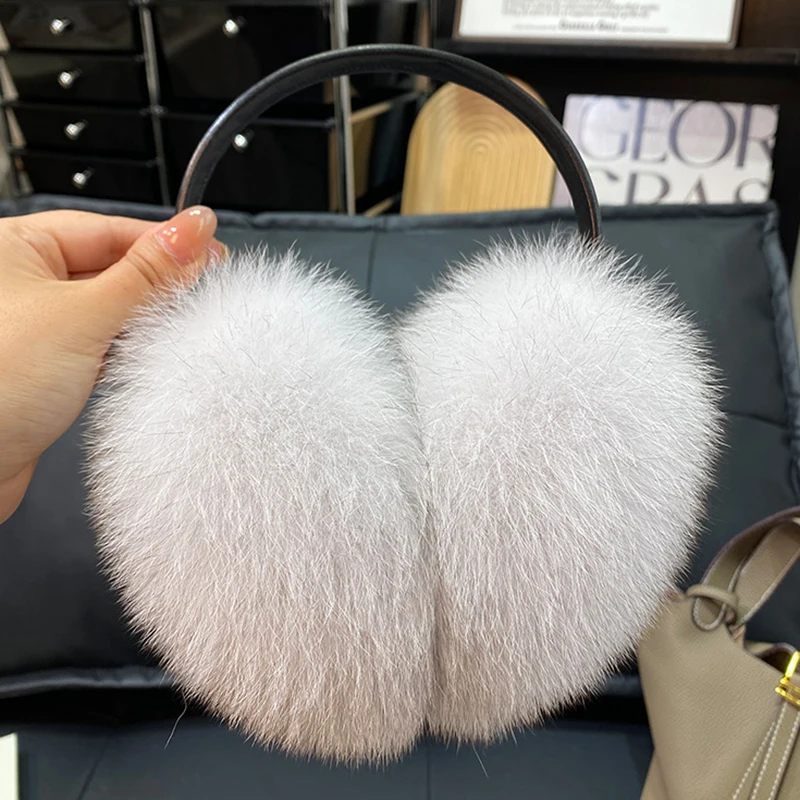 2027 New Winter Natural Real Fox Fur Earmuffs Plush Warm Decorate Women Cute Solid Ear Warmer Headphones Neck Warm Bib Scarf