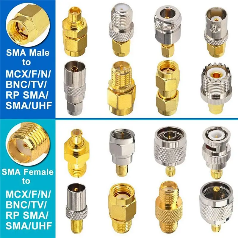 Exquisite-2X 16 Type SMA Connectors SMA Adapter Kits SMA To MCX/TV/F/N/BNC/UHF/RP-SMA Straight Type Nickel Gold Plated