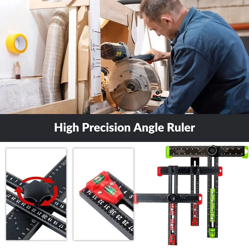 T-Square Ruler Drill Locator 2in1 Adjustable Angle Woodworking Tools Built-in Bubble Level High‑precision Sliding Stop Locator
