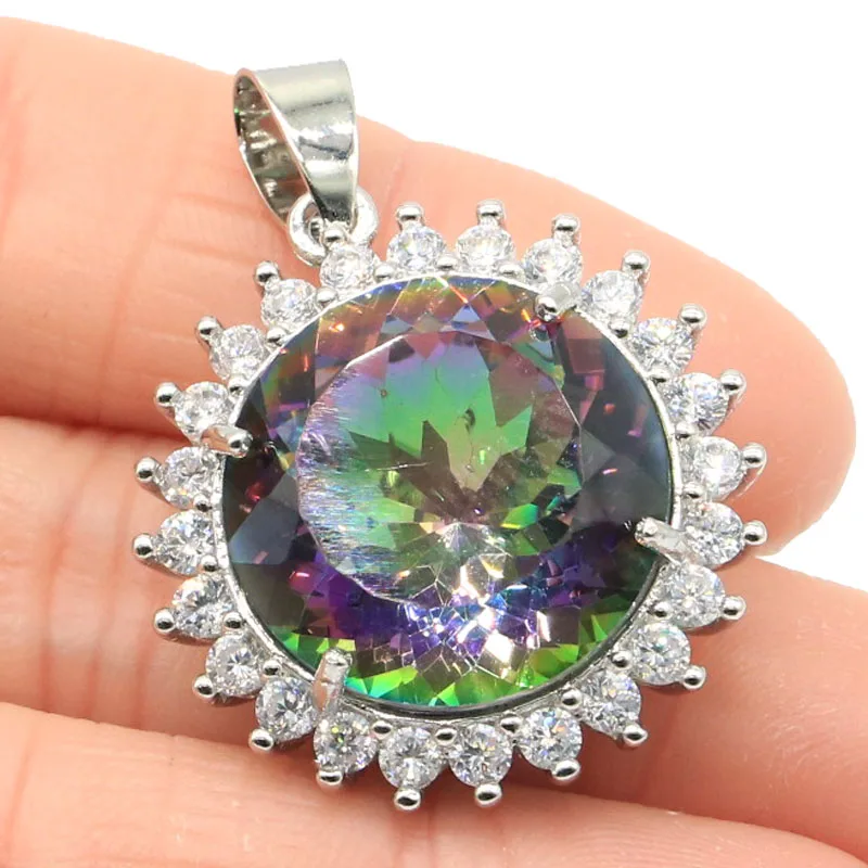 Buy 4 Get 1 Free 35x26mm Big Round Gemstone 8.6g Fire Rainbow Mystic Topaz White CZ Women Dating Silver Pendant