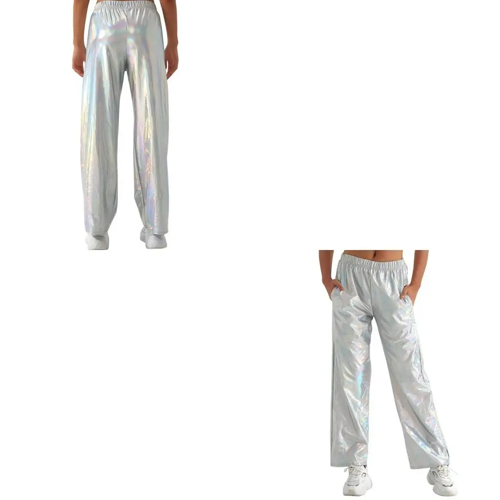 

Женские блестящие яркие металлические брюки с высокой талией, прямые широкие длинные брюки, брюки Raves, клубная одежда с