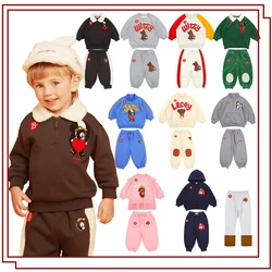 2024 Winter Warm Children Clothes Set Korean Boys Fleece Hoodies Trousers Suit BE Kids Plush Sweatshirt Pants Outwear 아동복 세트