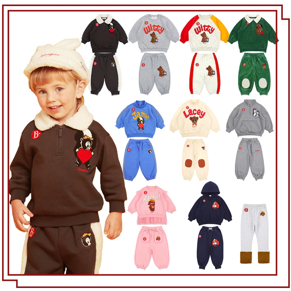 2024 Winter Warm Children Clothes Set Korean Boys Fleece Hoodies Trousers Suit 베베 Kids Plush Sweatshirt Pants Outwear 아동복 세트