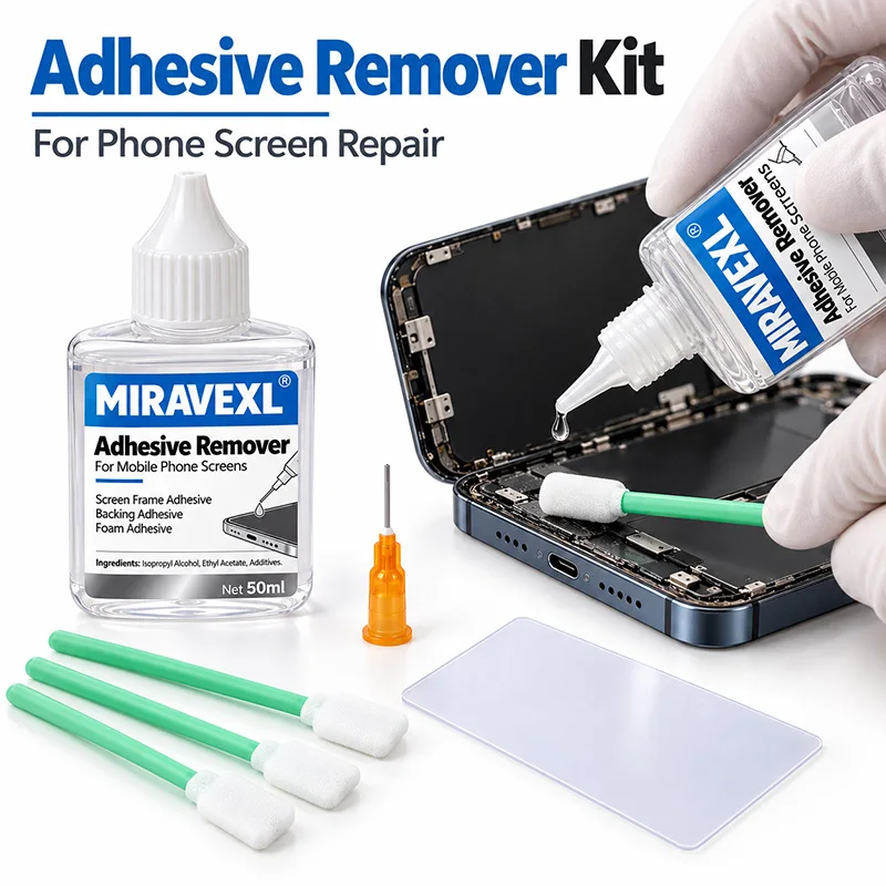 LCD Screen Glue Remover Set With Needle Swabs Safe Cleaner For Mobile Phone Frame Back Thermal Foam Adhesive Removal + Pry Card