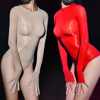 Yağ parlak şeffaf Bodysuit ile beş parmak eldiven kadın iç çamaşırı uzun kollu yüksek kesim tanga Romper üst tek parça giyisi