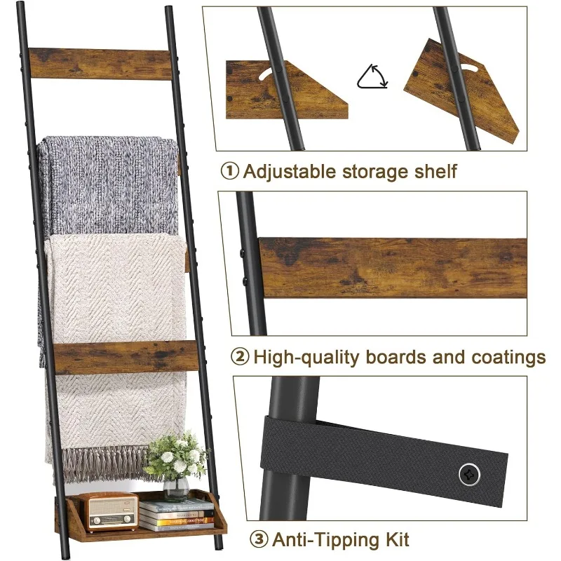 Blanket Ladder, 4-Tier Blanket Rack with Storage Ladder Shelf, Towel Rack Stand for Bathroom
