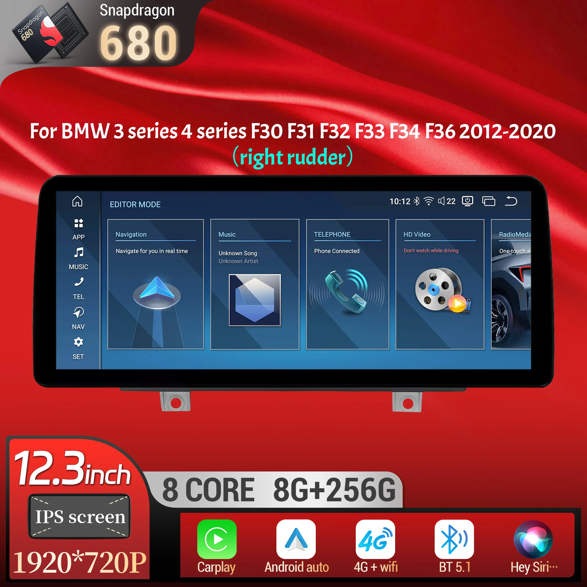 

12.3 inch RHD Android 14 For BMW 3 series 4 series F30 F31 F32 F33 F34 F36 2012-2020 Car Radio BT Carplay Snapdragon 680 Screen