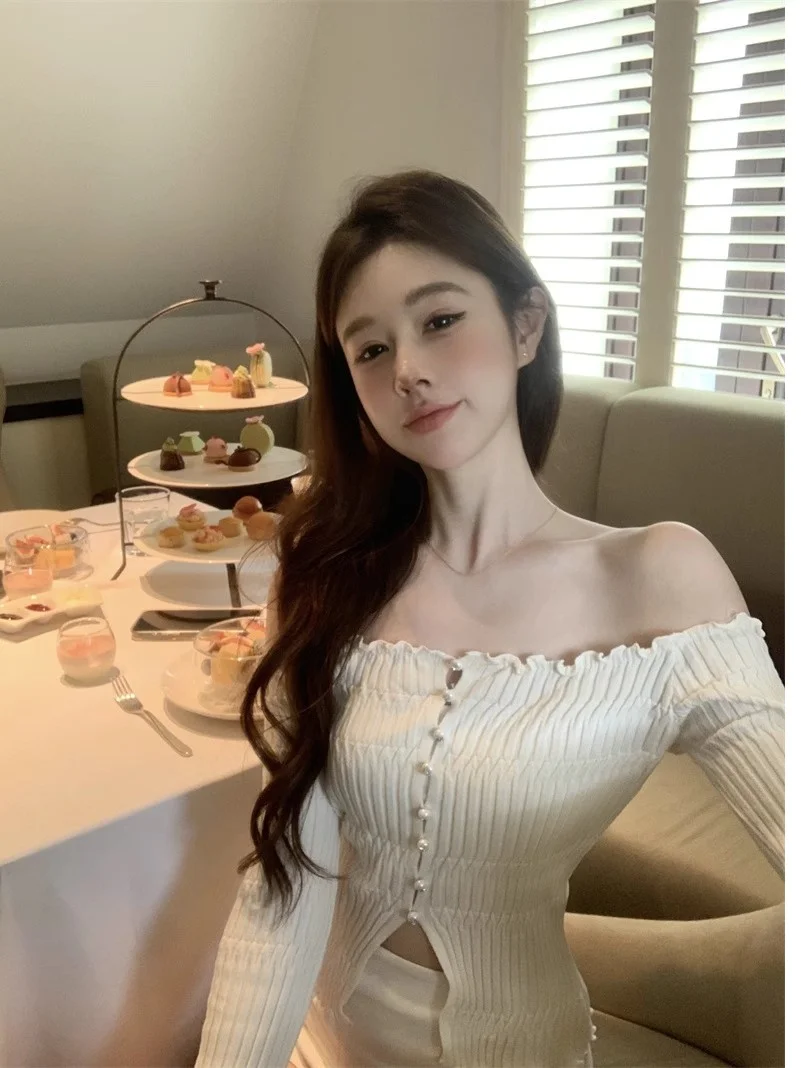 

Белое вязаное пальто с длинными рукавами для женщин, облегающее, с вырезами на плечах, весеннее, модное, удобное, мягкое трикотажное изделие