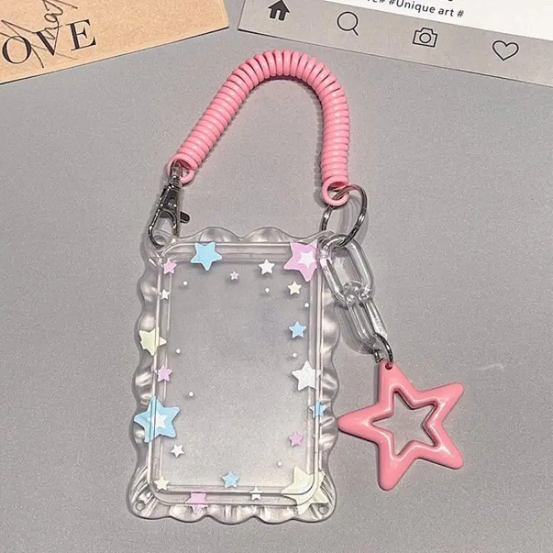 1pcs Star Photocard Holder With Spring Coil Strap Hollow Star Charm Kpop Photo Card Sleeve ID Card Display Protector Case