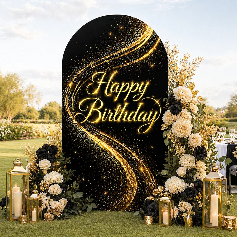 

Black Gold Glitter Arch Backdrop Cover Happy Birthday Party Decoration Elastic Fabric Photograph Background Celebration Supplies