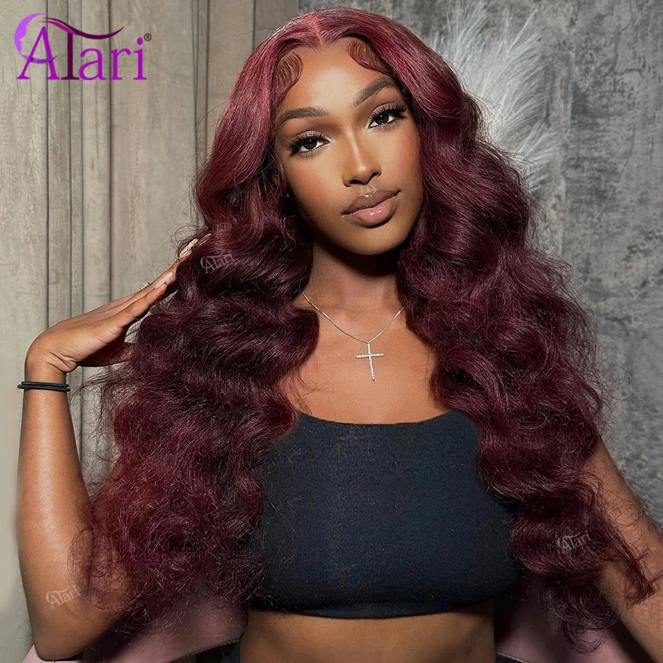 

High Density Dark Burgundy 13x6 Lace Frontal Human Hair Wigs 200 220 250 Transparent 99J Body Wave Remy Hair Wig Pre Plucked