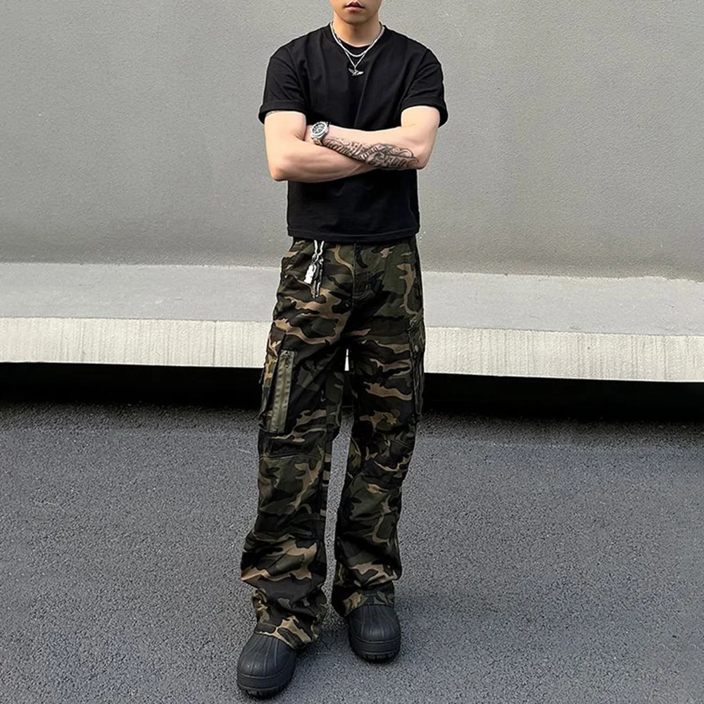 Mens Denim Trousers Vintage American Retro High Street Camouflage Functional Design Straight Durable Versatile Trousers Summer